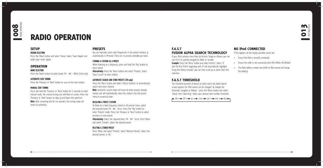 Fusion MS-CD600, MS-IP600, MS-AV600 installation manual Radio Operation, Presets, S.T Threshold 