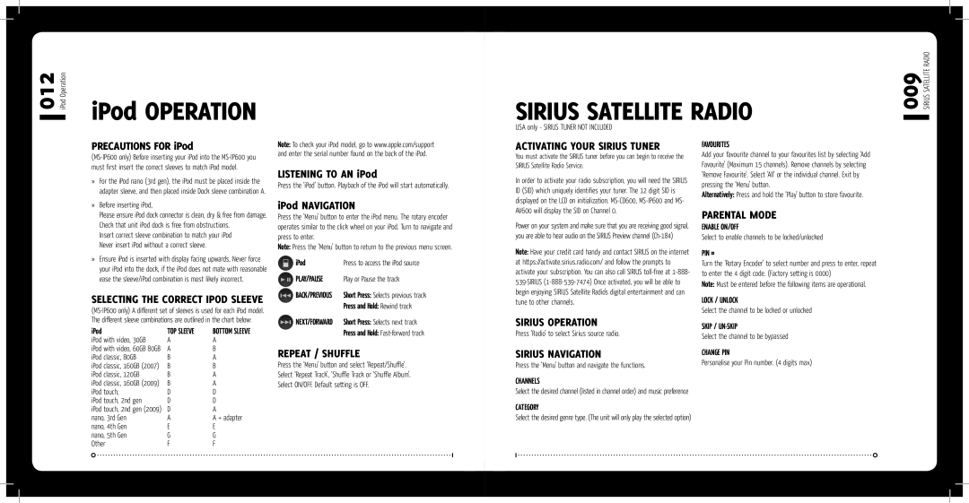 Fusion MS-AV600, MS-IP600, MS-CD600 Sirius Satellite Radio, Activating Your Sirius Tuner, Parental Mode, Repeat / Shuffle 