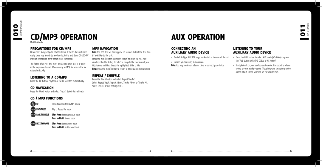 Fusion MS-IP600, MS-CD600, MS-AV600 installation manual CD/MP3 Operation, AUX Operation 