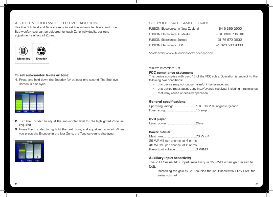 Fusion MS-IP700, MS-AV700 specifications To set sub-woofer levels or tone, FCC compliance statement, General speciﬁcations 