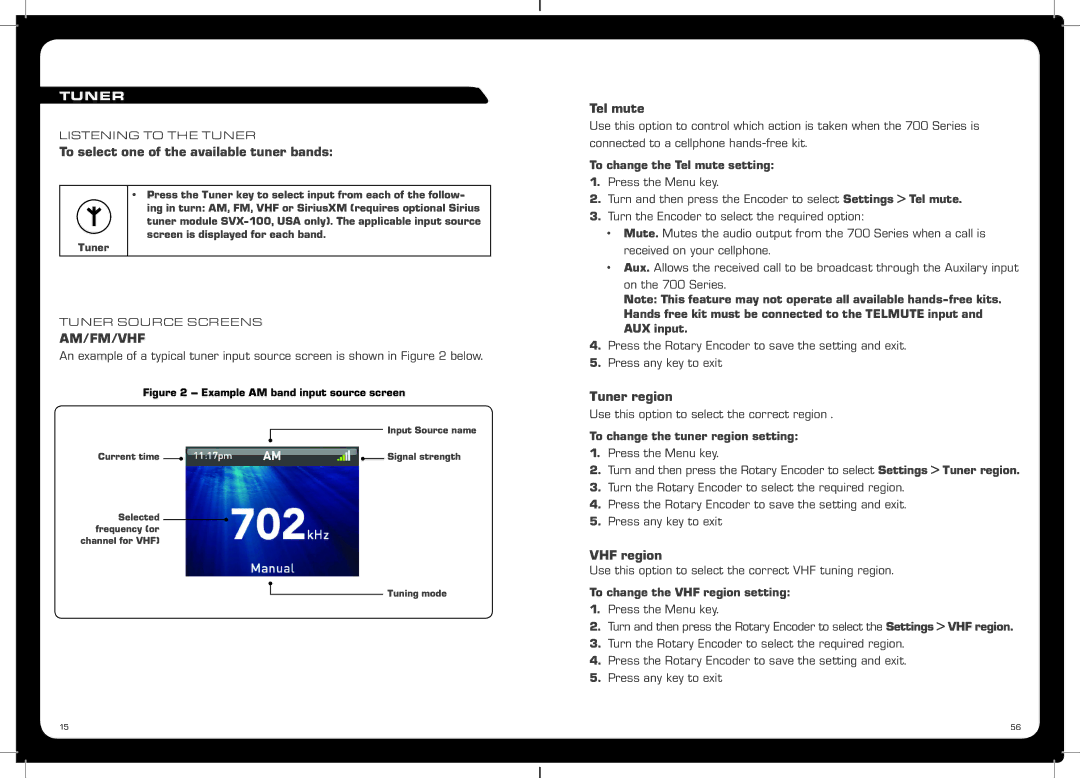 Fusion MS-IP700, MS-AV700 specifications To select one of the available tuner bands, Tel mute, Tuner region, VHF region 