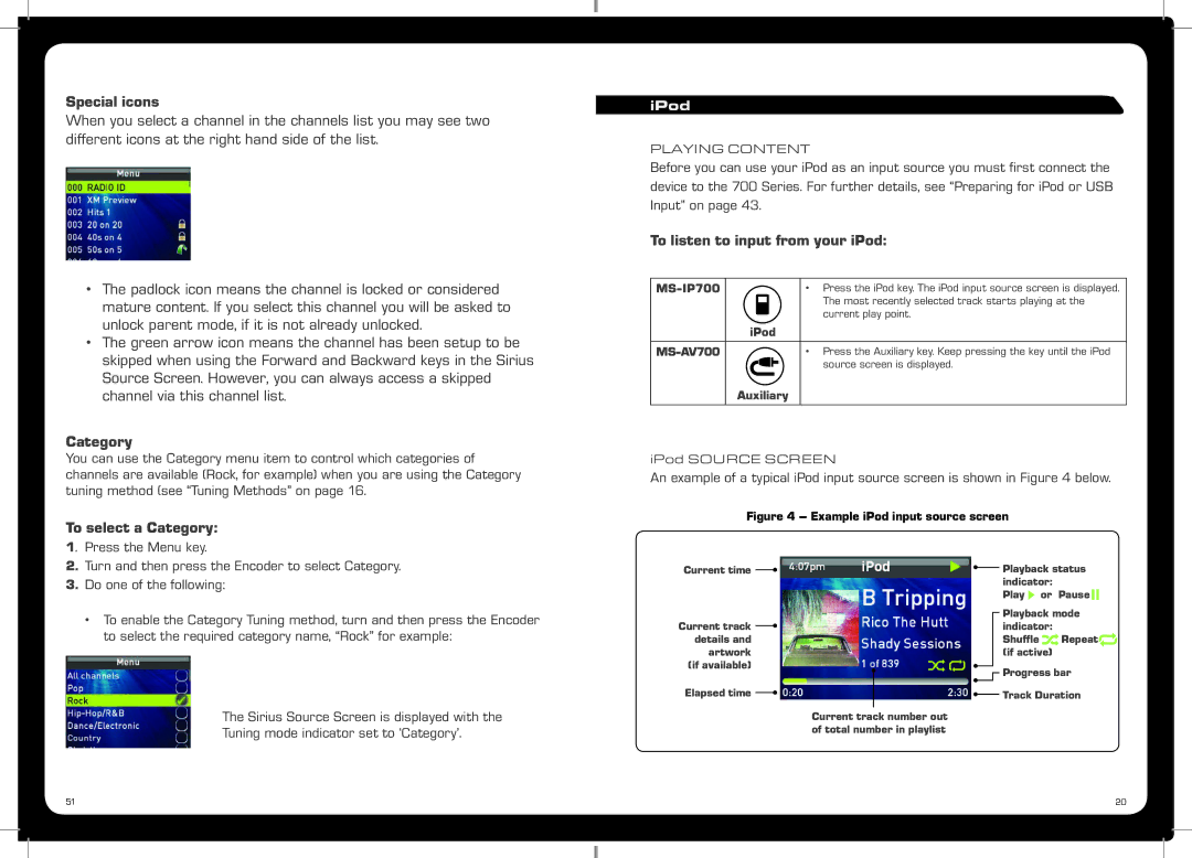 Fusion MS-AV700, MS-IP700 specifications Special icons, To select a Category, To listen to input from your iPod 