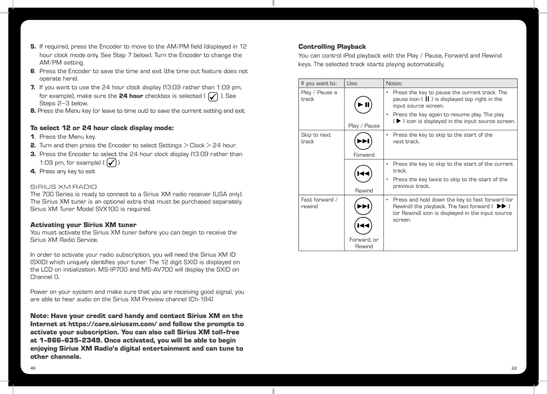 Fusion MS-AV700 To select 12 or 24 hour clock display mode, Activating your Sirius XM tuner, Controlling Playback 
