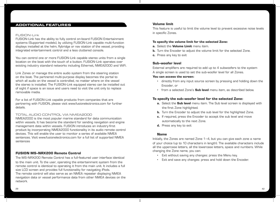 Fusion MS-IP700, MS-AV700 specifications Fusion MS-NRX200 Remote Control, Volume limit, Sub-woofer level, Name 