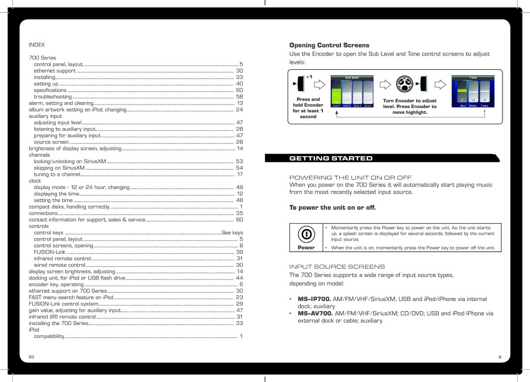 Fusion MS-AV700, MS-IP700 specifications Opening Control Screens, To power the unit on or off, Getting Started, Power 