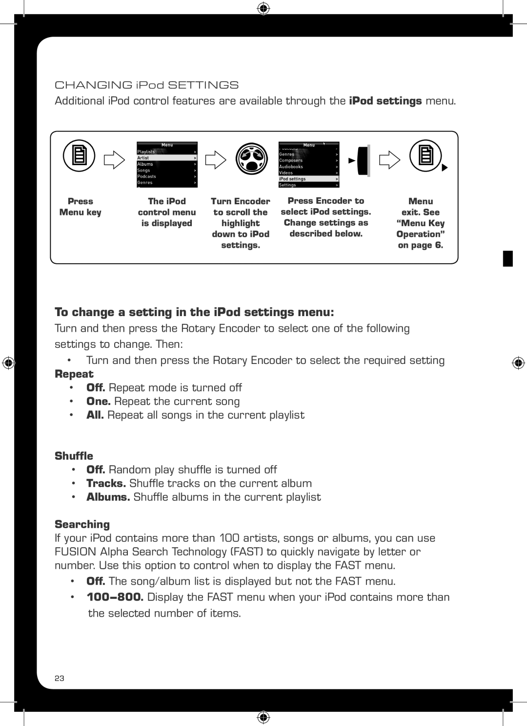 Fusion MS-IP700, MS-AV700 manual To change a setting in the iPod settings menu, Repeat, Shuffle, Searching 