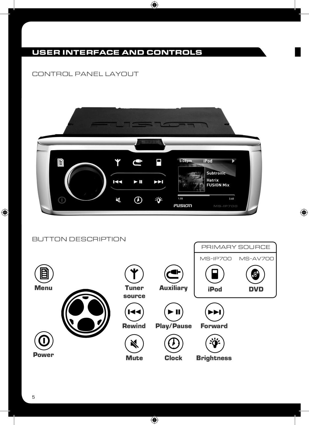 Fusion MS-IP700 User Interface And Controls, Menu, Tuner, Auxiliary, iPod, source, Play/Pause, Forward, Power, Mute, Clock 