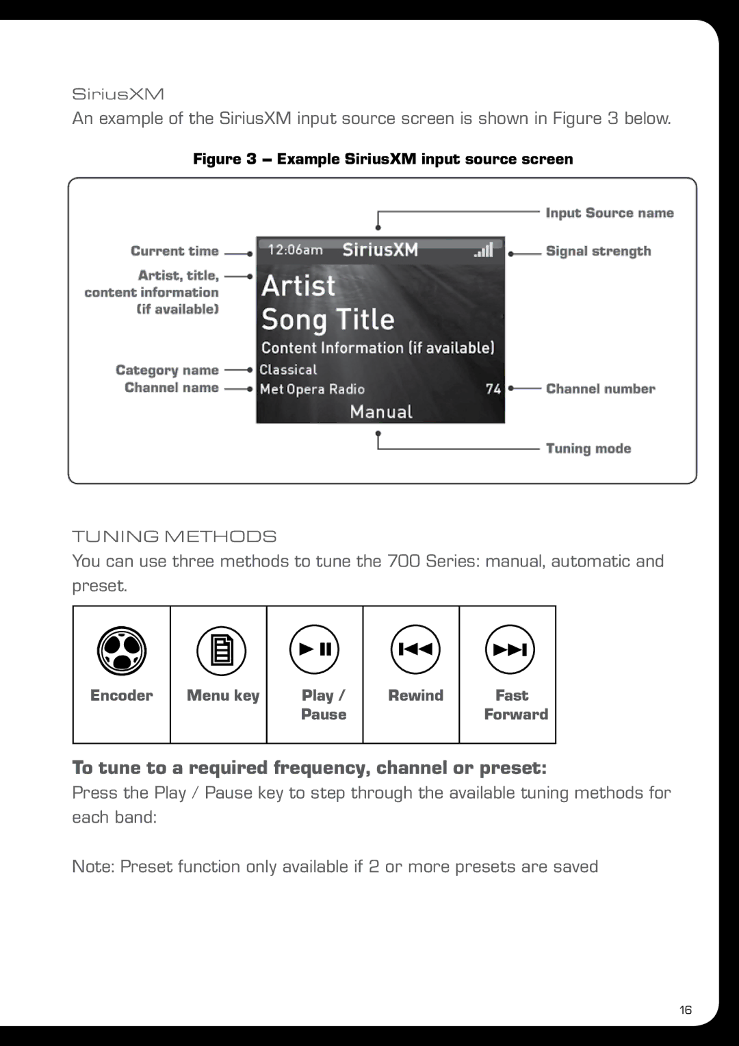 Fusion MS-IP700 manual To tune to a required frequency, channel or preset, Example SiriusXM input source screen 