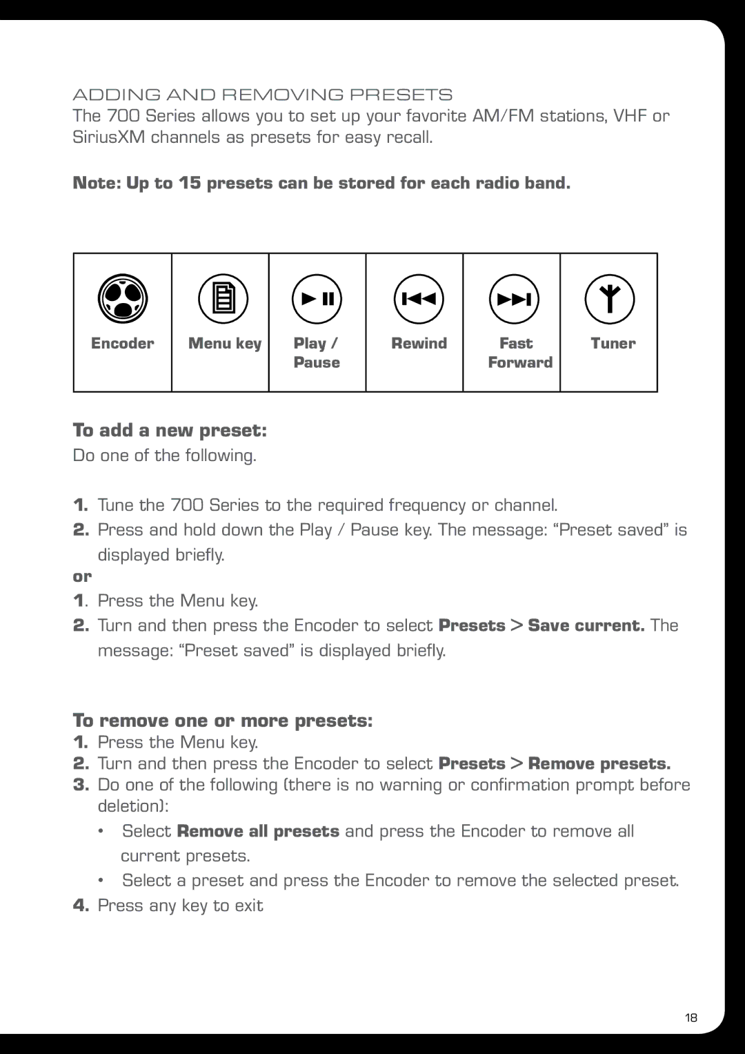 Fusion MS-IP700 manual To add a new preset, To remove one or more presets 