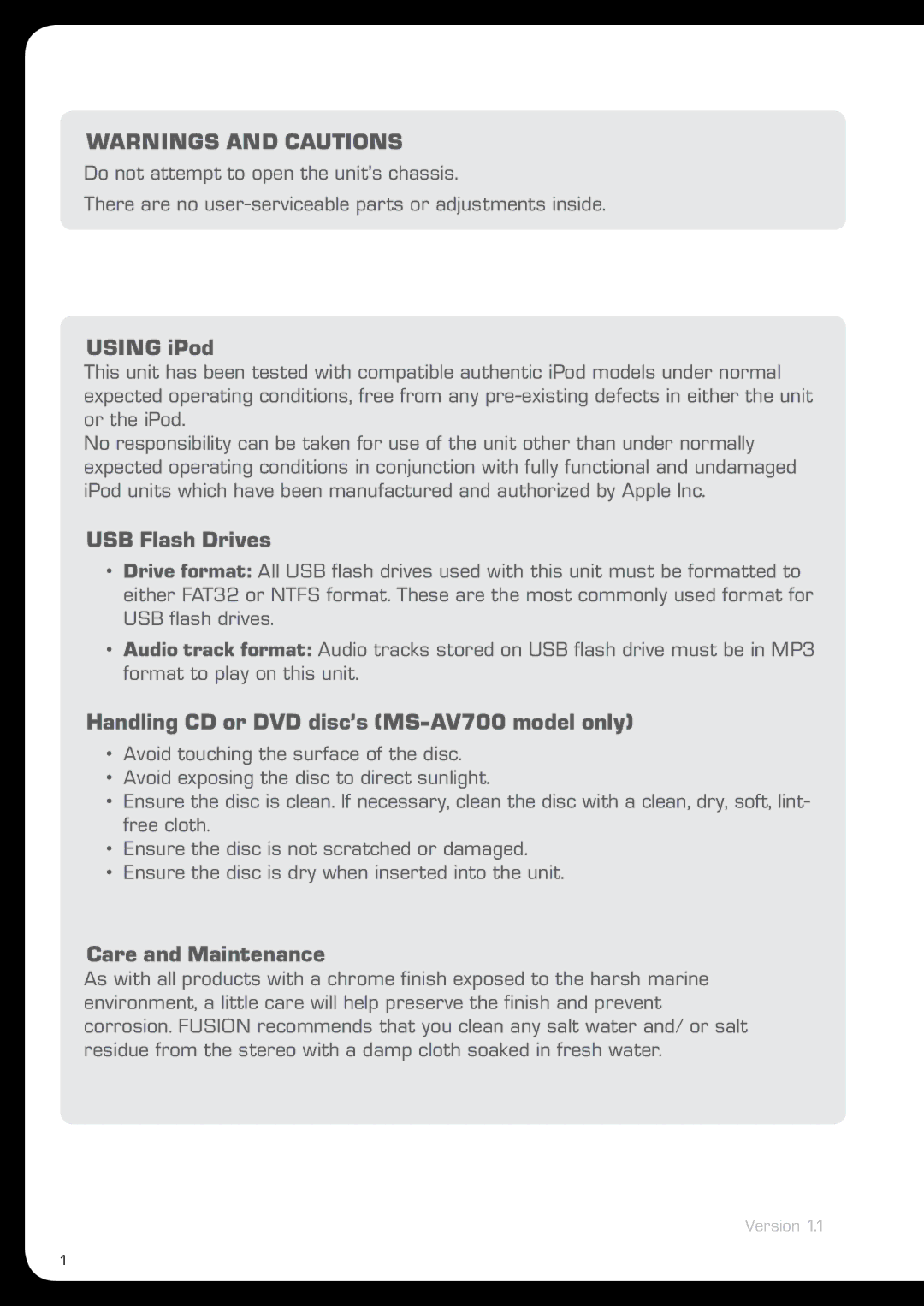 Fusion MS-IP700 manual Using iPod, USB Flash Drives, Handling CD or DVD disc’s MS-AV700 model only, Care and Maintenance 