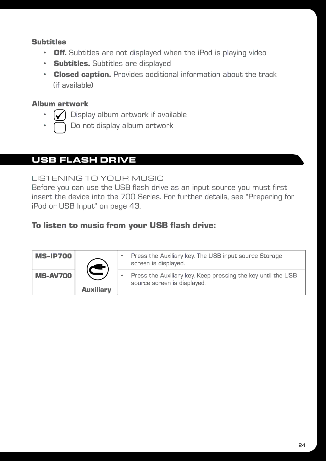 Fusion MS-IP700 manual To listen to music from your USB flash drive, Subtitles, Album artwork, USB Flash Drive 