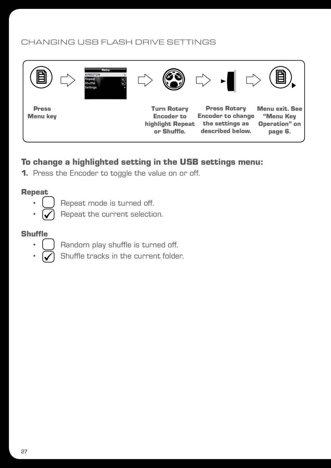 Fusion MS-IP700 manual To change a highlighted setting in the USB settings menu, Changing USB Flash Drive Settings 