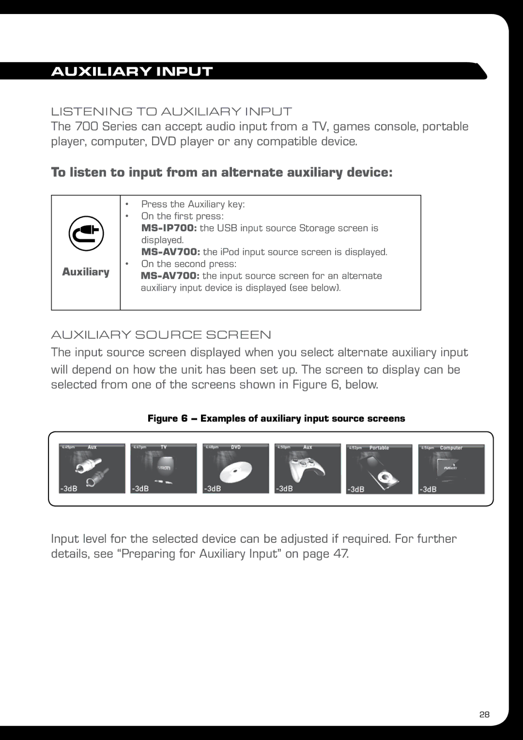 Fusion MS-IP700 manual To listen to input from an alternate auxiliary device, Auxiliary Input 