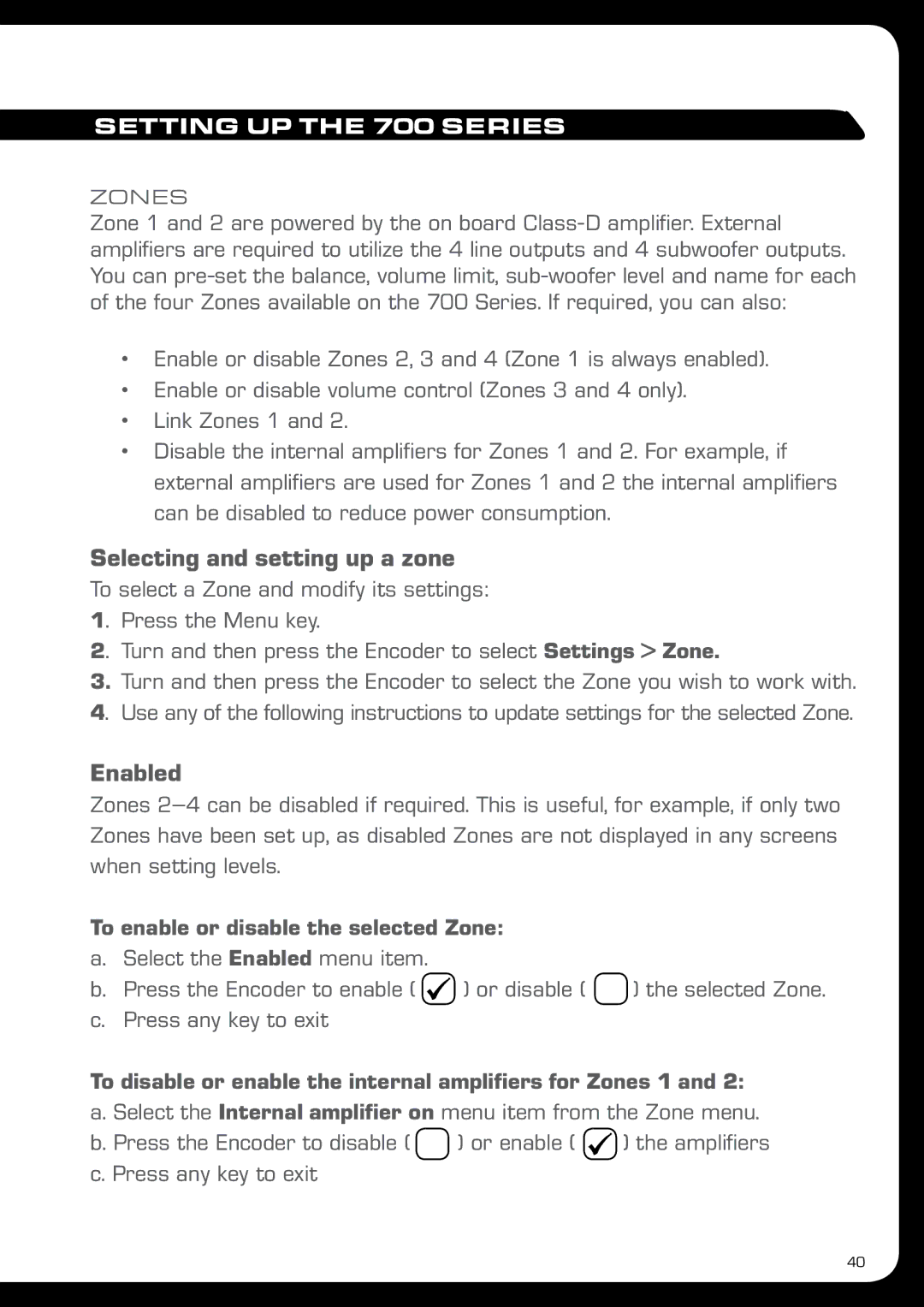 Fusion MS-IP700 manual Selecting and setting up a zone, Enabled, Setting UP the 700 Series 