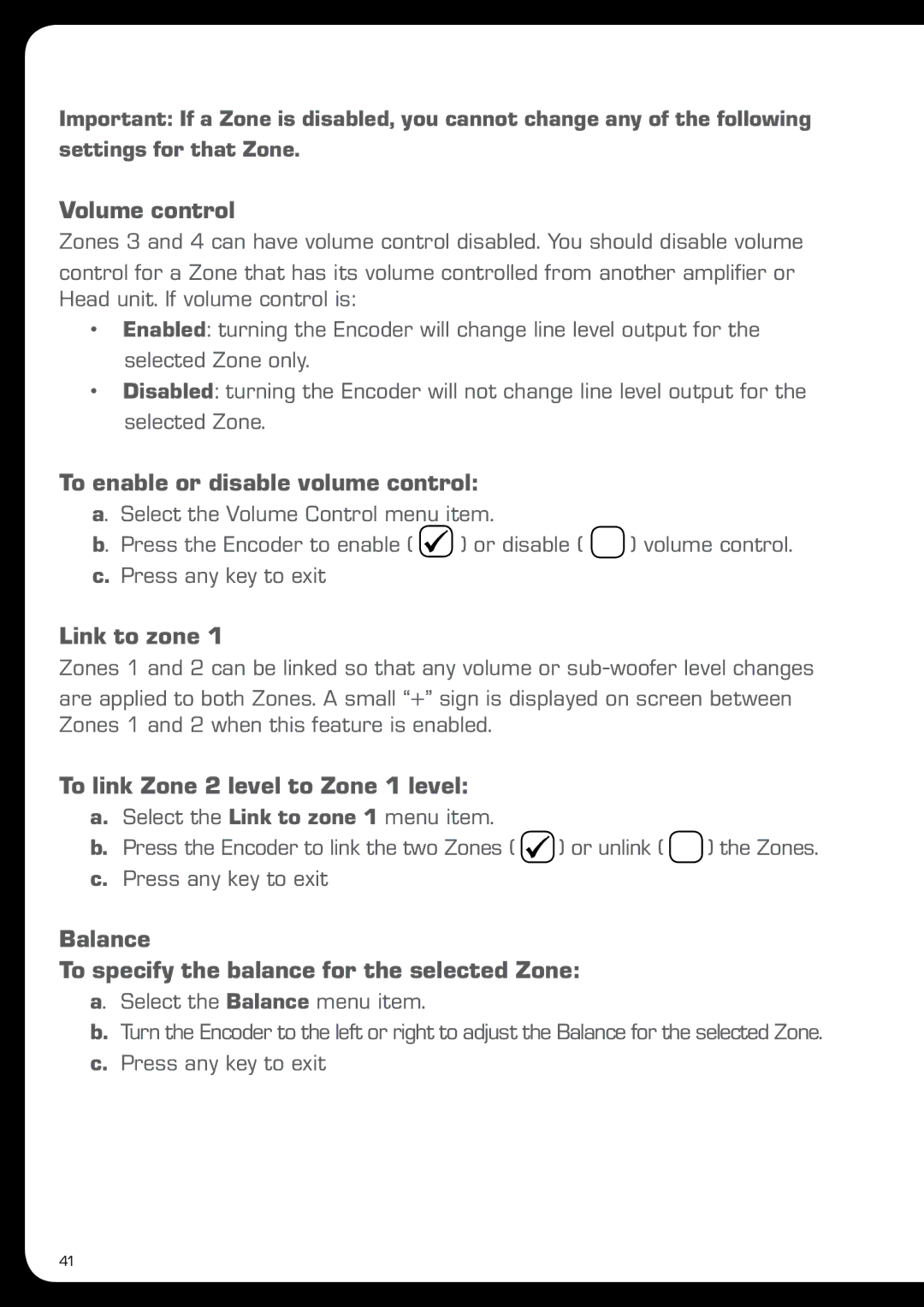 Fusion MS-IP700 Volume control, To enable or disable volume control, Link to zone, To link Zone 2 level to Zone 1 level 