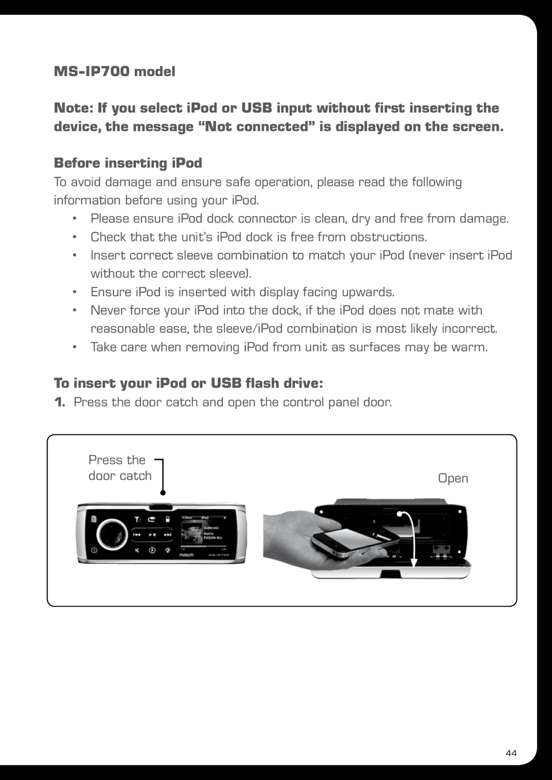 Fusion manual MS-IP700 model Before inserting iPod, To insert your iPod or USB flash drive 