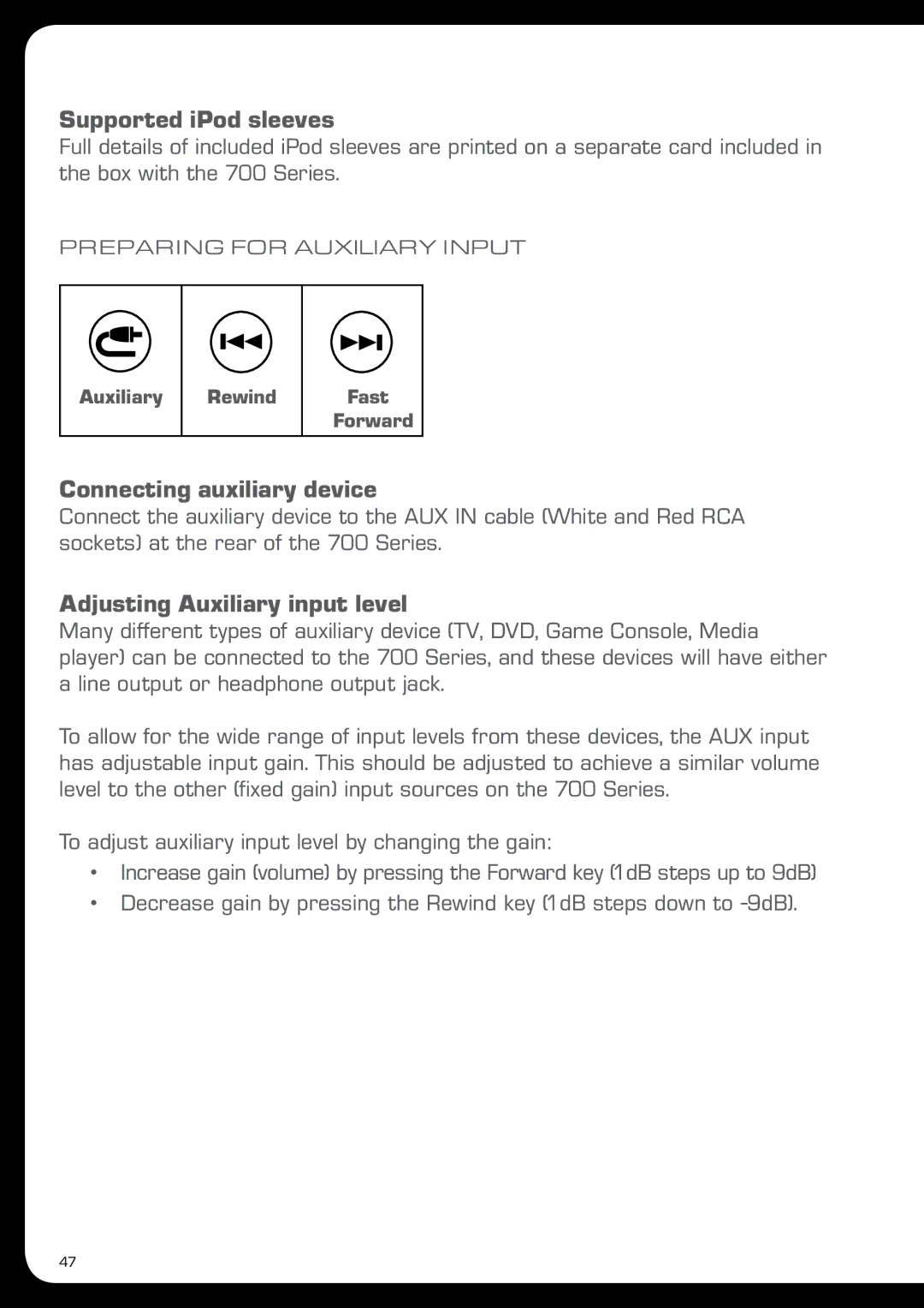 Fusion MS-IP700 manual Supported iPod sleeves, Connecting auxiliary device, Adjusting Auxiliary input level 