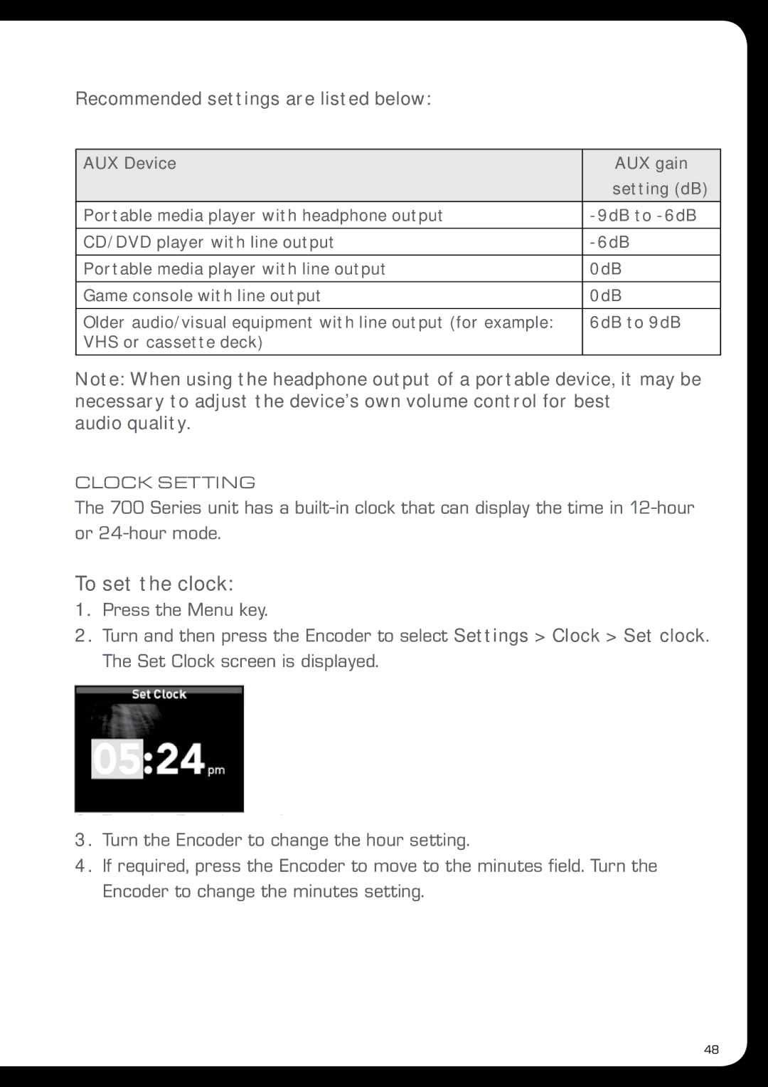 Fusion MS-IP700 manual To set the clock, Recommended settings are listed below, Audio quality 