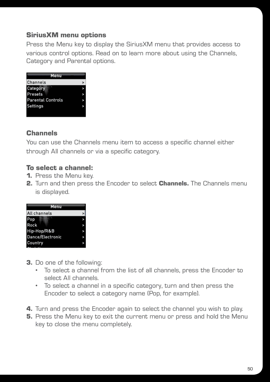 Fusion MS-IP700 manual SiriusXM menu options, Channels, To select a channel 