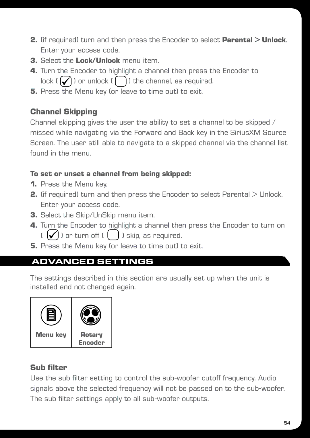 Fusion MS-IP700 manual Channel Skipping, Sub filter, To set or unset a channel from being skipped, Advanced Settings 