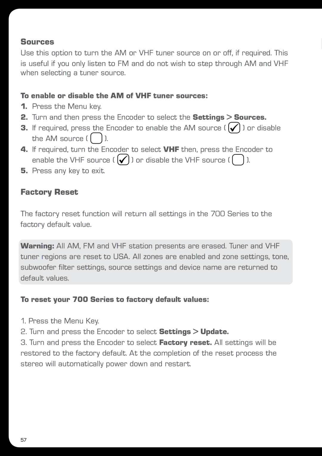 Fusion MS-IP700 manual Sources, Factory Reset, To enable or disable the AM of VHF tuner sources 