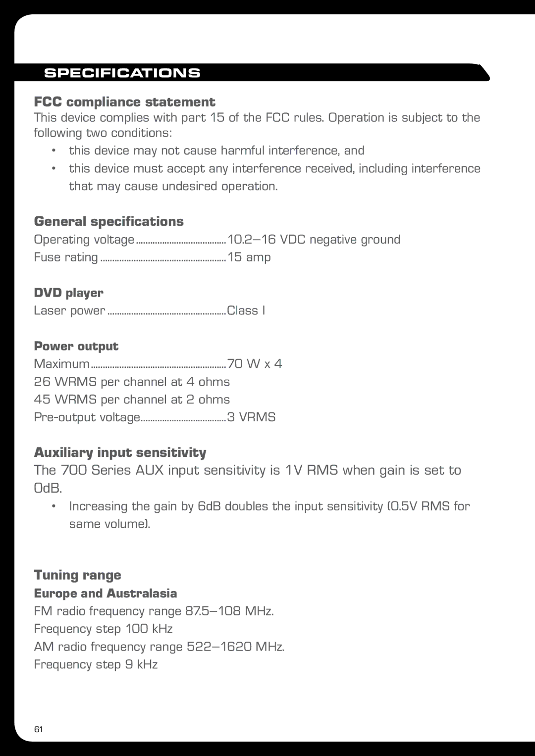 Fusion MS-IP700 manual FCC compliance statement, General specifications, Auxiliary input sensitivity, Tuning range 