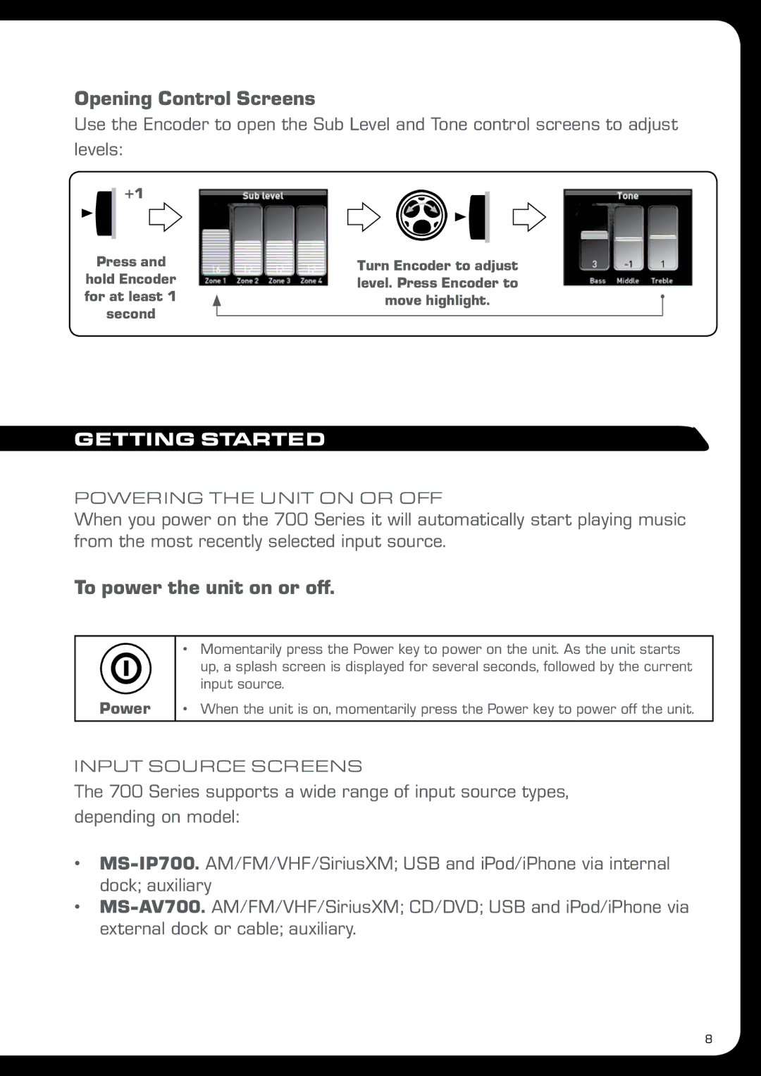 Fusion MS-IP700 manual Opening Control Screens, To power the unit on or off, Getting Started 