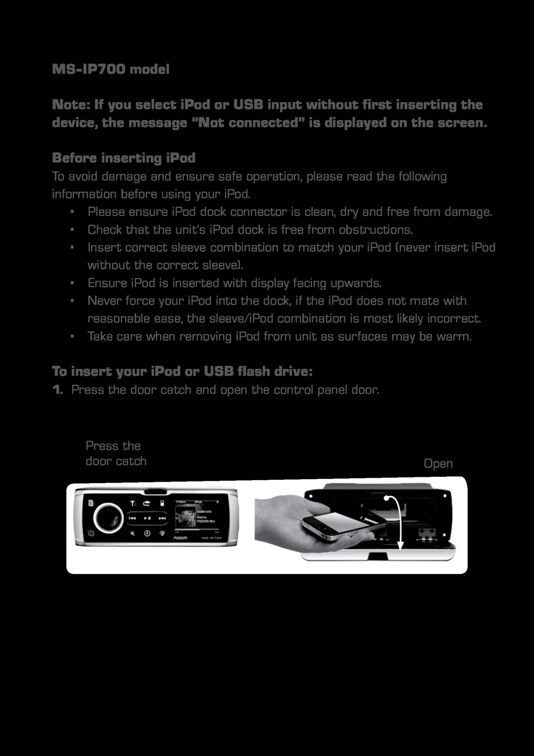 Fusion manual MS-IP700 model, Before inserting iPod, To insert your iPod or USB flash drive 