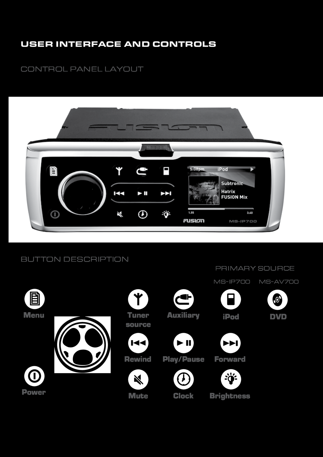 Fusion MS-IP700 User Interface And Controls, Menu, Tuner, Auxiliary, iPod, source, Play/Pause, Forward, Power, Mute, Clock 