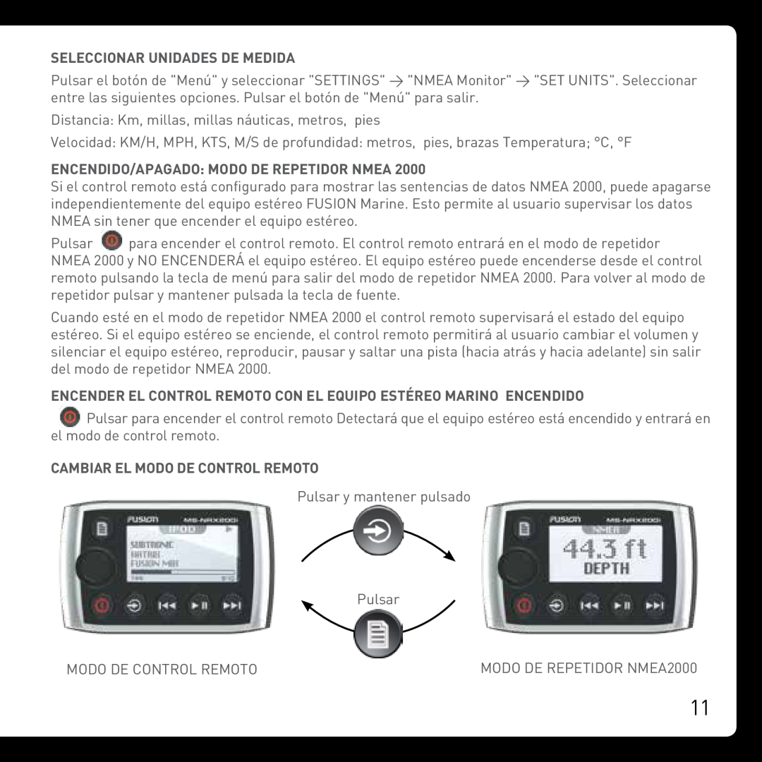 Fusion MS-NRX200i manual Seleccionar Unidades De Medida, Encendido/Apagado Modo De Repetidor Nmea 