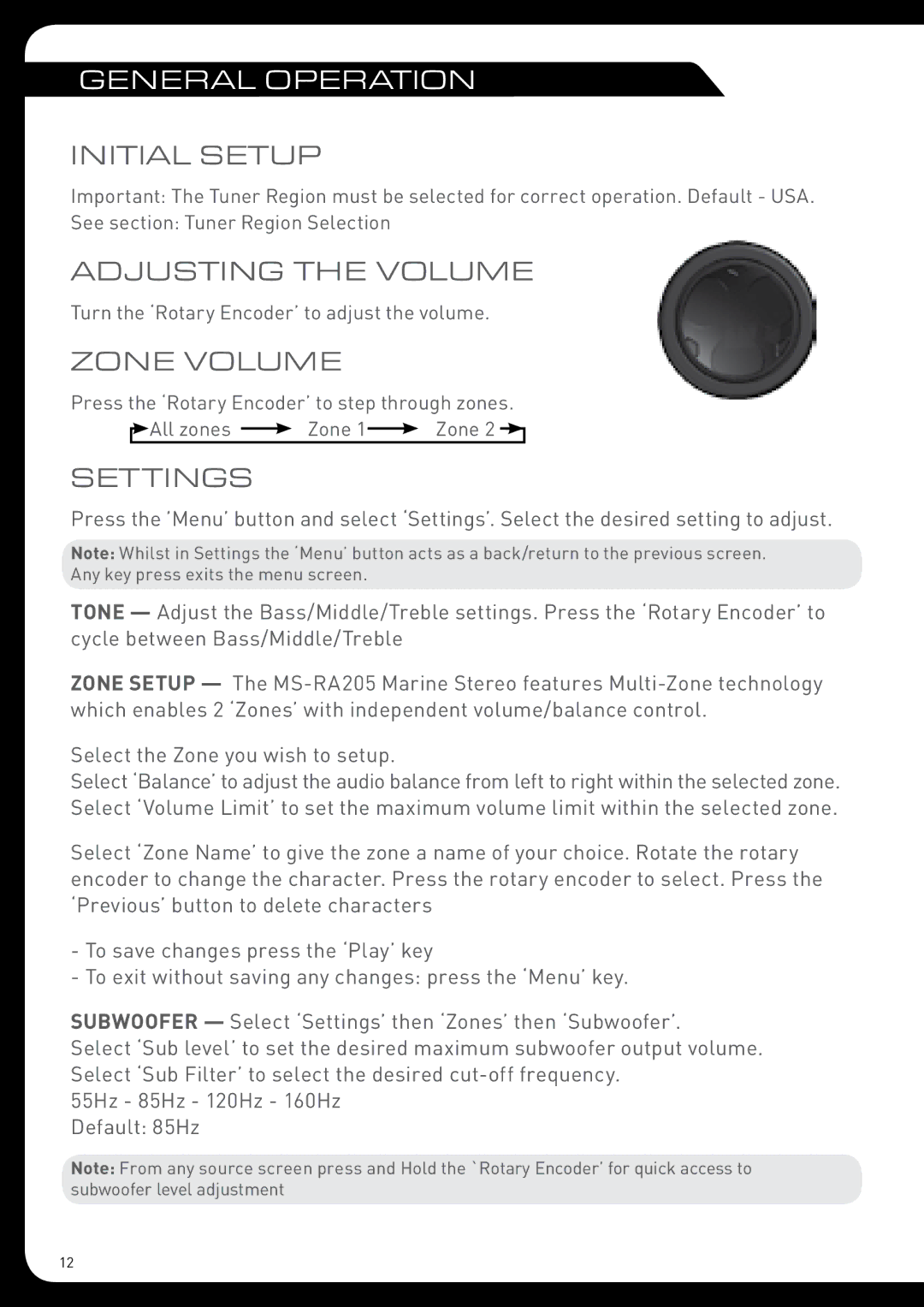 Fusion MS-RA205 installation manual General Operation, Initial Setup, Adjusting the Volume, Zone Volume, Settings 