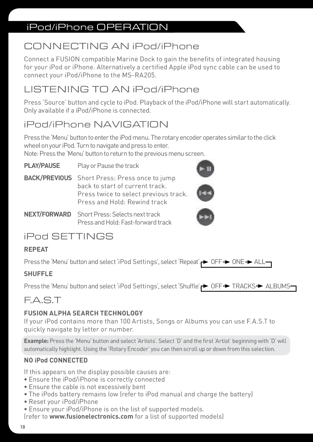 Fusion MS-RA205 Connecting AN iPod/iPhone, Listening to AN iPod/iPhone, IPod/iPhone Navigation, IPod Settings, S.T 