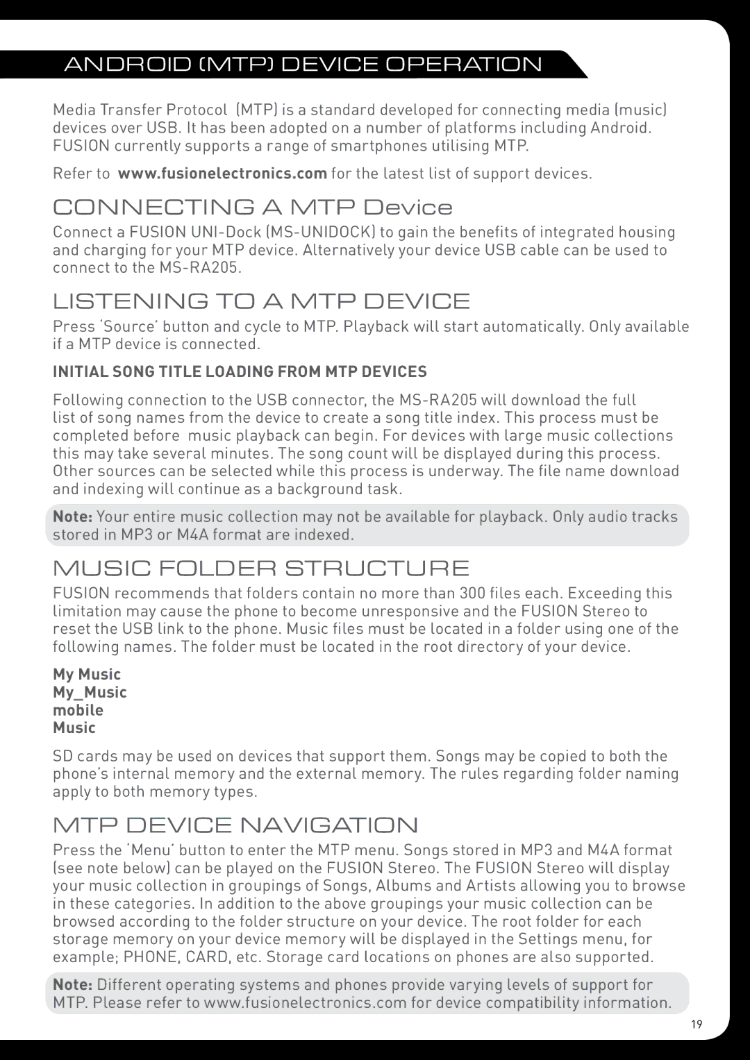 Fusion MS-RA205 Connecting a MTP Device, Listening to a MTP Device, Music Folder Structure, MTP Device Navigation 