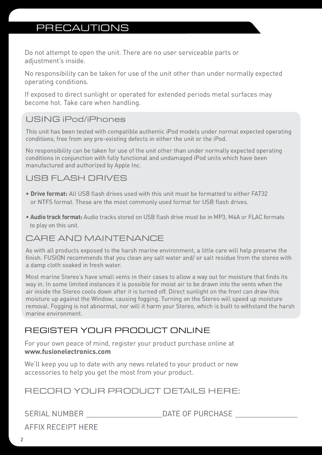 Fusion MS-RA205 installation manual Precautions, Using iPod/iPhones 