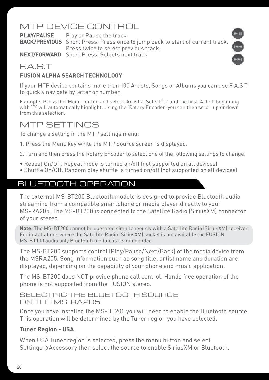 Fusion MS-RA205 installation manual MTP Device Control, MTP Settings, Tuner Region USA 