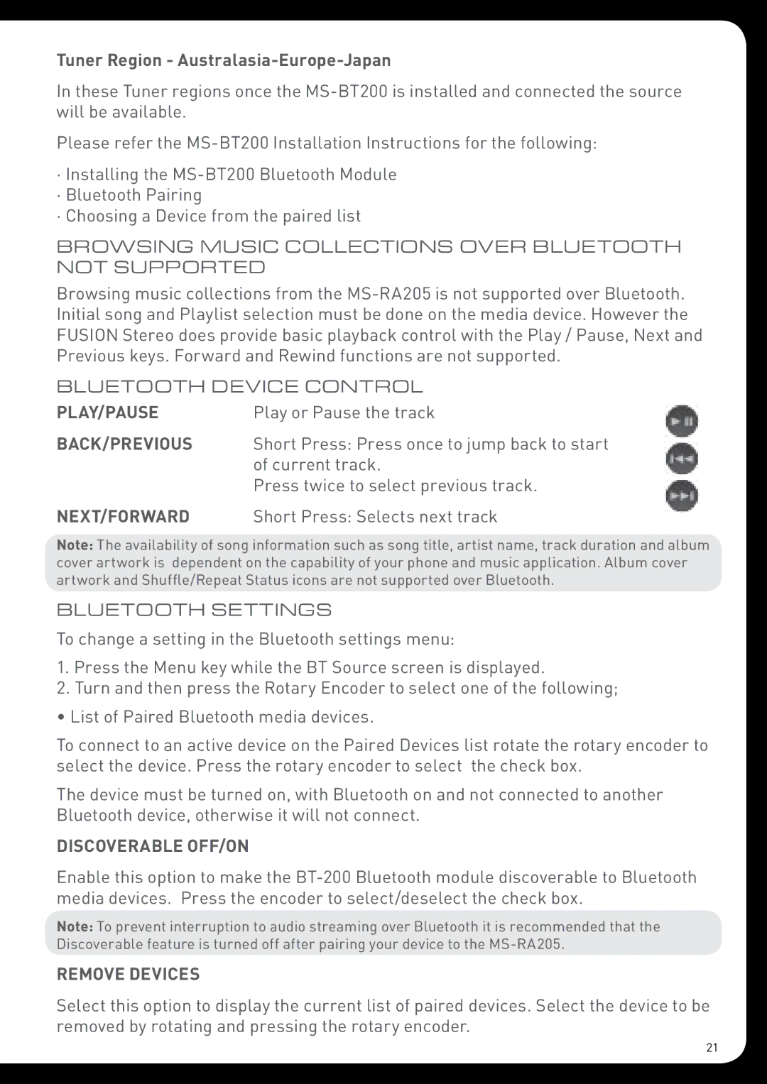 Fusion MS-RA205 installation manual Tuner Region Australasia-Europe-Japan, Discoverable Off/On, Remove Devices 