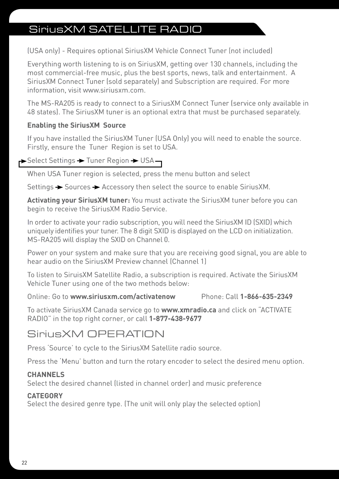 Fusion MS-RA205 installation manual SiriusXM Operation, Enabling the SiriusXM Source, Channels, Category 