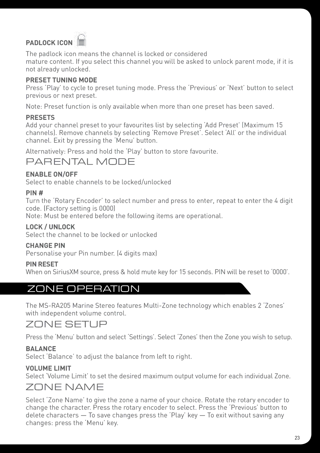 Fusion MS-RA205 installation manual Parental Mode, Zone Operation, Zone Setup, Zone Name 