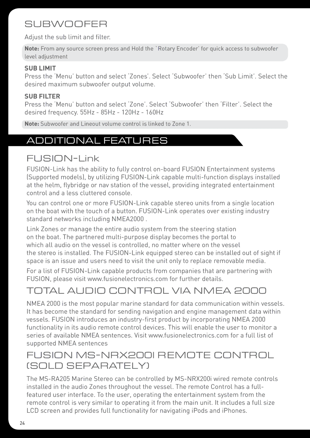 Fusion MS-RA205 installation manual Subwoofer, Additional Features, FUSION-Link, Total Audio Control VIA Nmea 