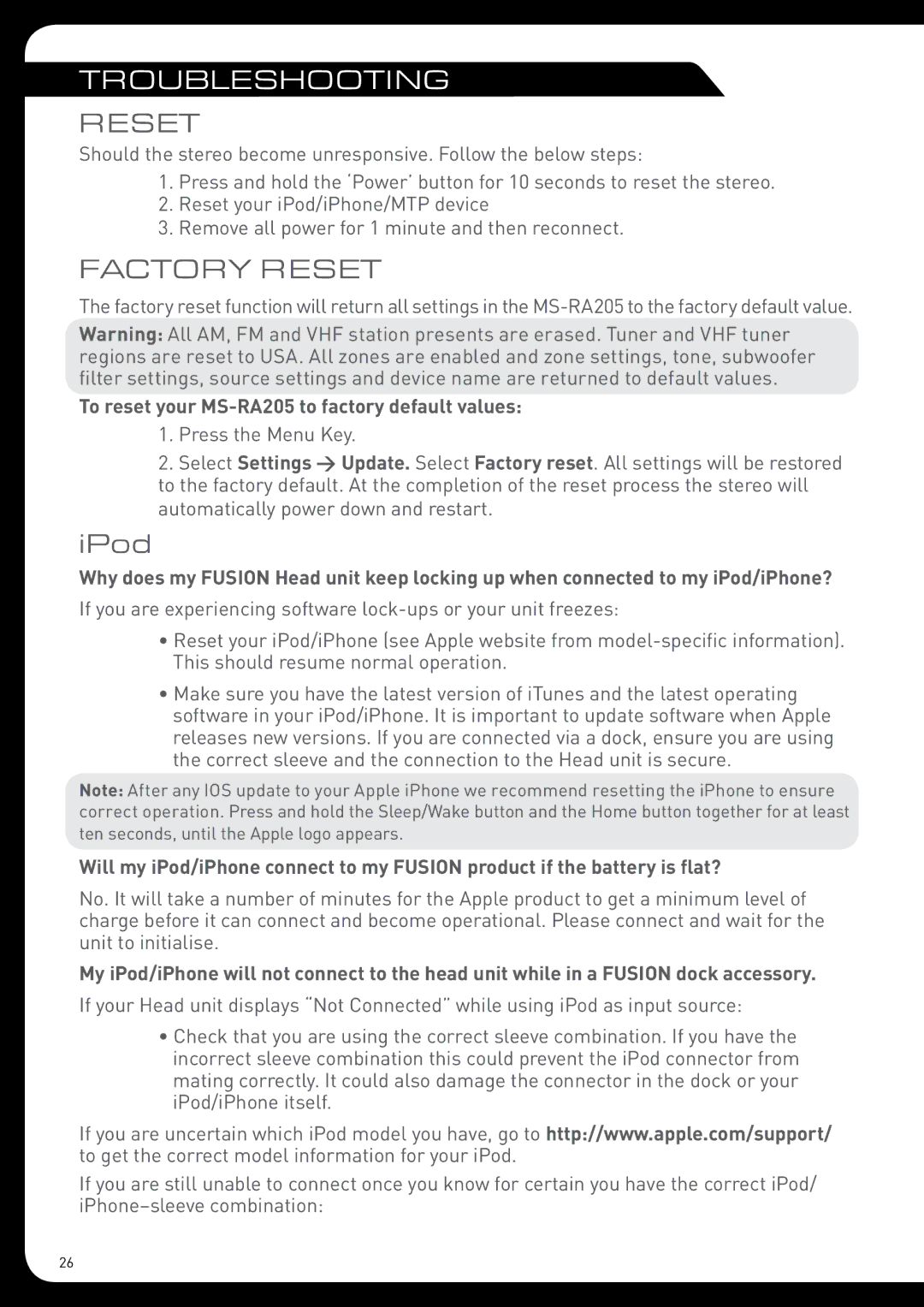 Fusion installation manual Troubleshooting, Reset, Factory reset, IPod, To reset your MS-RA205 to factory default values 