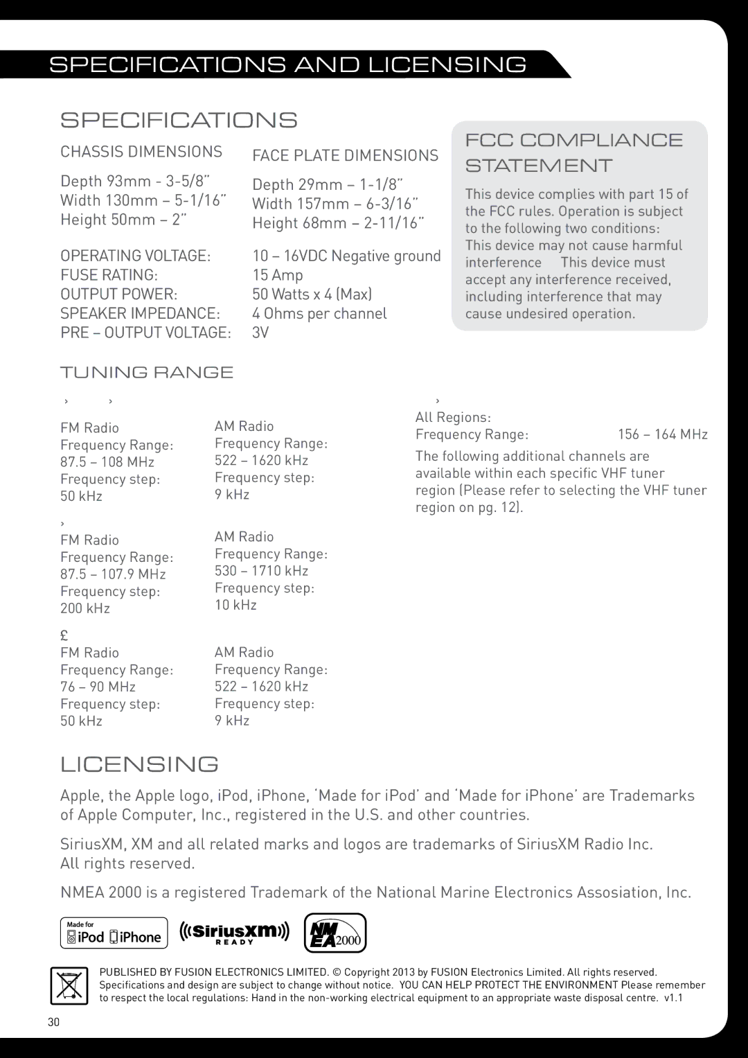 Fusion MS-RA205 installation manual Specifications and Licensing 