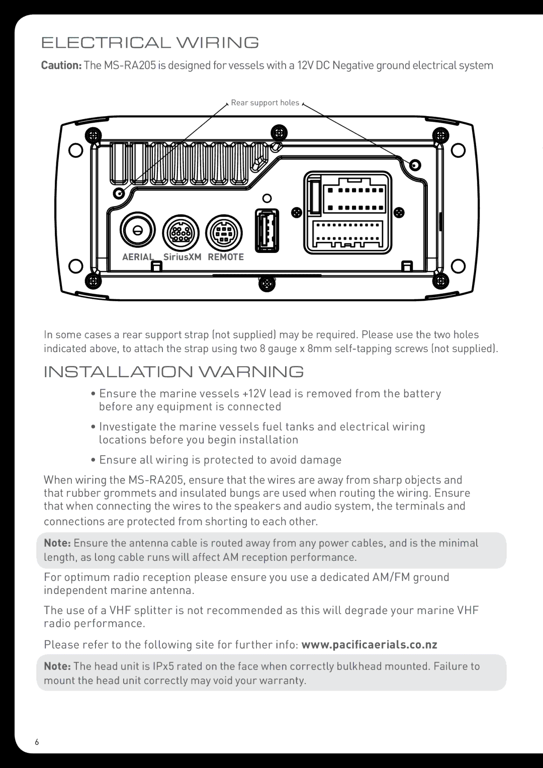 Fusion MS-RA205 installation manual Electrical Wiring, Installation Warning 