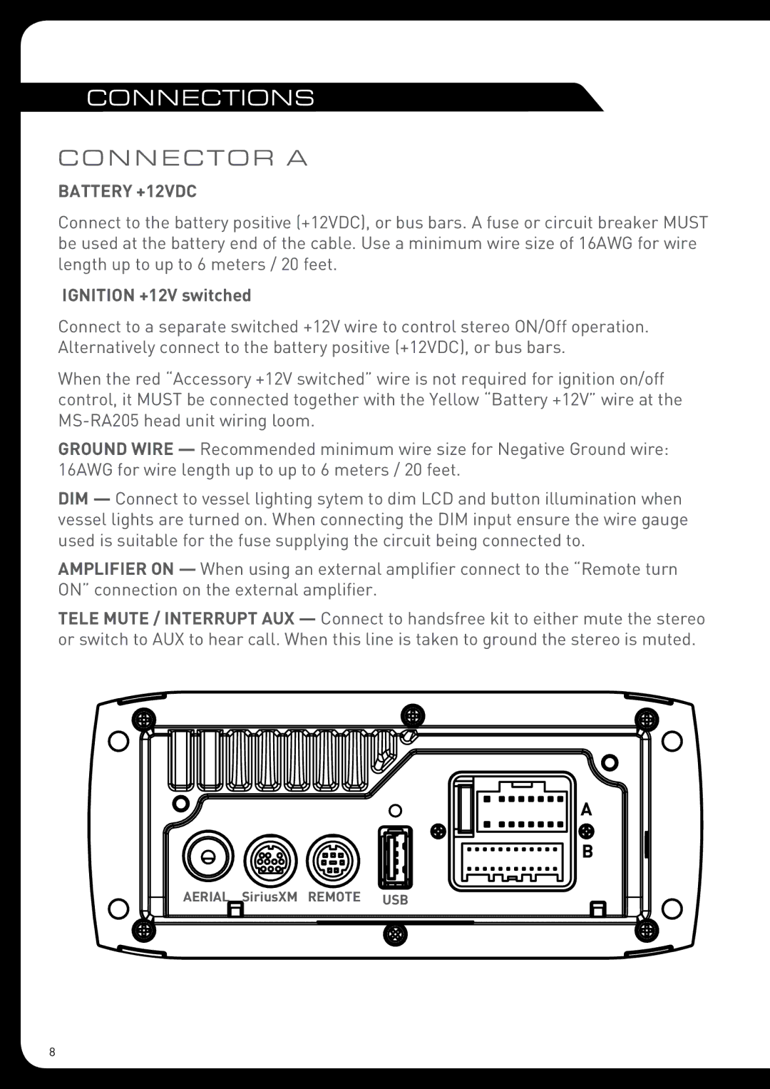 Fusion MS-RA205 installation manual Connections, Connector a, Ignition +12V switched 