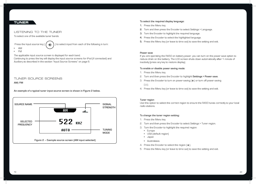 Fusion MS-RA50 Power save, To enable or disable power saving mode, Tuner region, To change the tuner region setting 