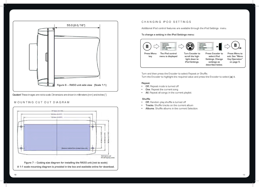 Fusion MS-RA50 specifications 55.0 2-3/16, To change a setting in the iPod Settings menu, Repeat, Shuffle 