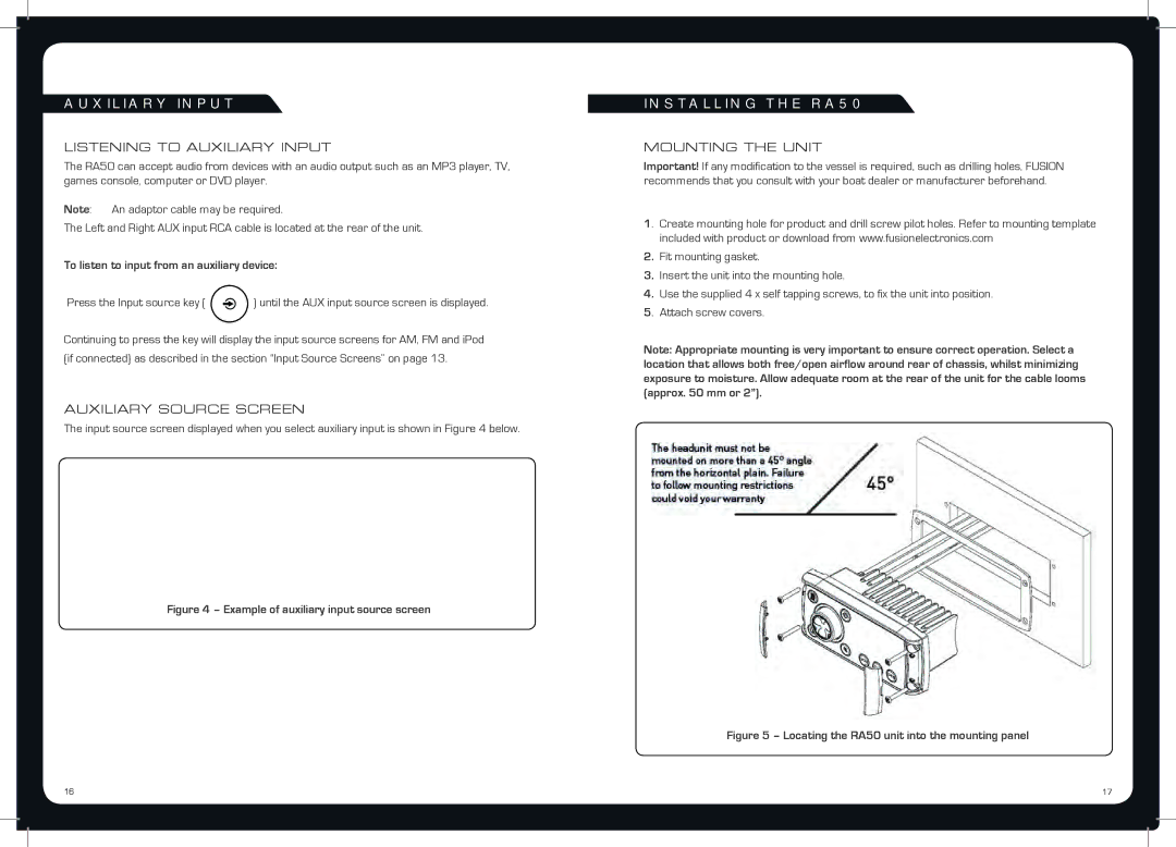 Fusion MS-RA50 specifications Auxiliary Input, Installing the RA50, To listen to input from an auxiliary device 