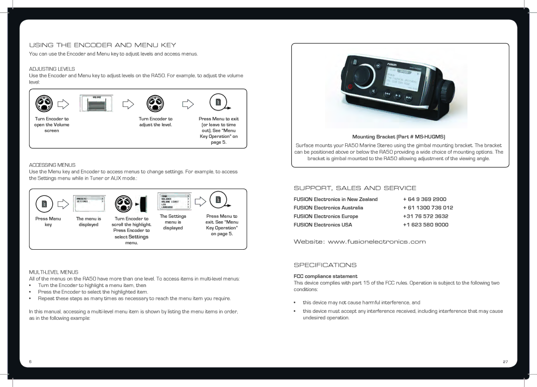 Fusion MS-RA50 specifications Mounting Bracket MS-HUGMS, FCC compliance statement 