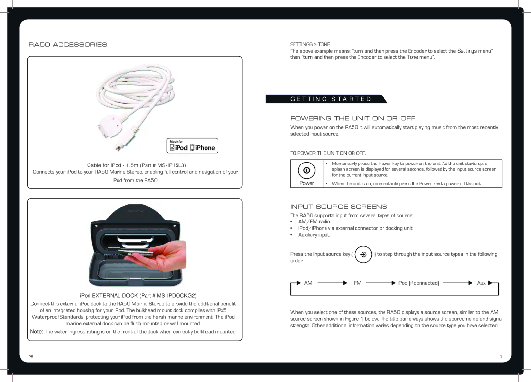 Fusion MS-RA50 specifications Getting Started, Cable for iPod 1.5m MS-IP15L3, IPod External Dock MS-IPDOCKG2, Power 