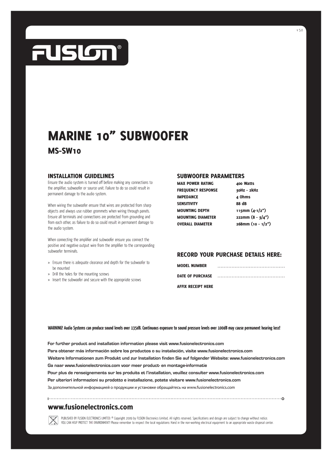 Fusion MS-SW10 specifications Marine 10 Subwoofer, Installation Guidelines, Subwoofer Parameters 