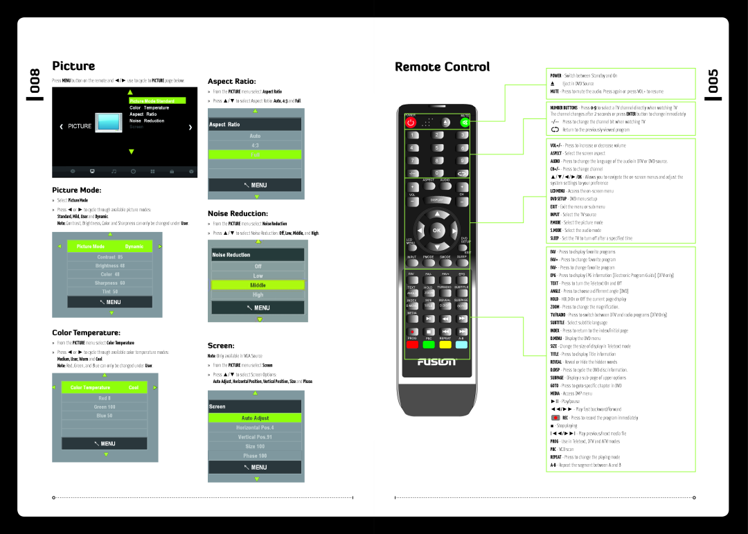 Fusion MS-TV190LED Remote Control, »» Select Picture Mode, »» From the PICTURE menu select Color Temperature 